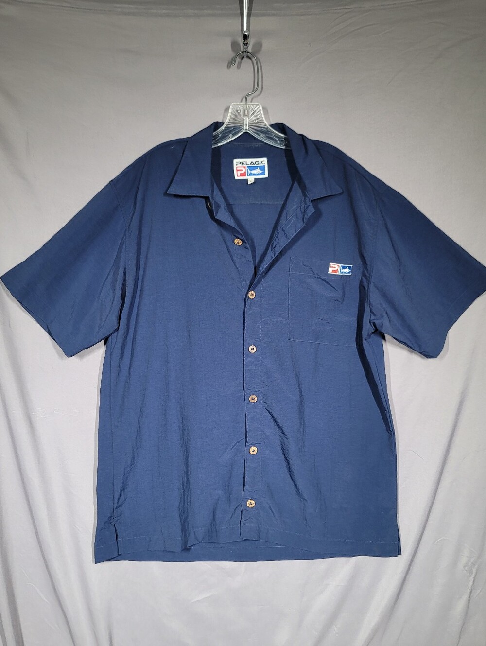 Pelagic Fishing Shirt Men's Large Blue Short Sleeve Button Front Nylon USA Made